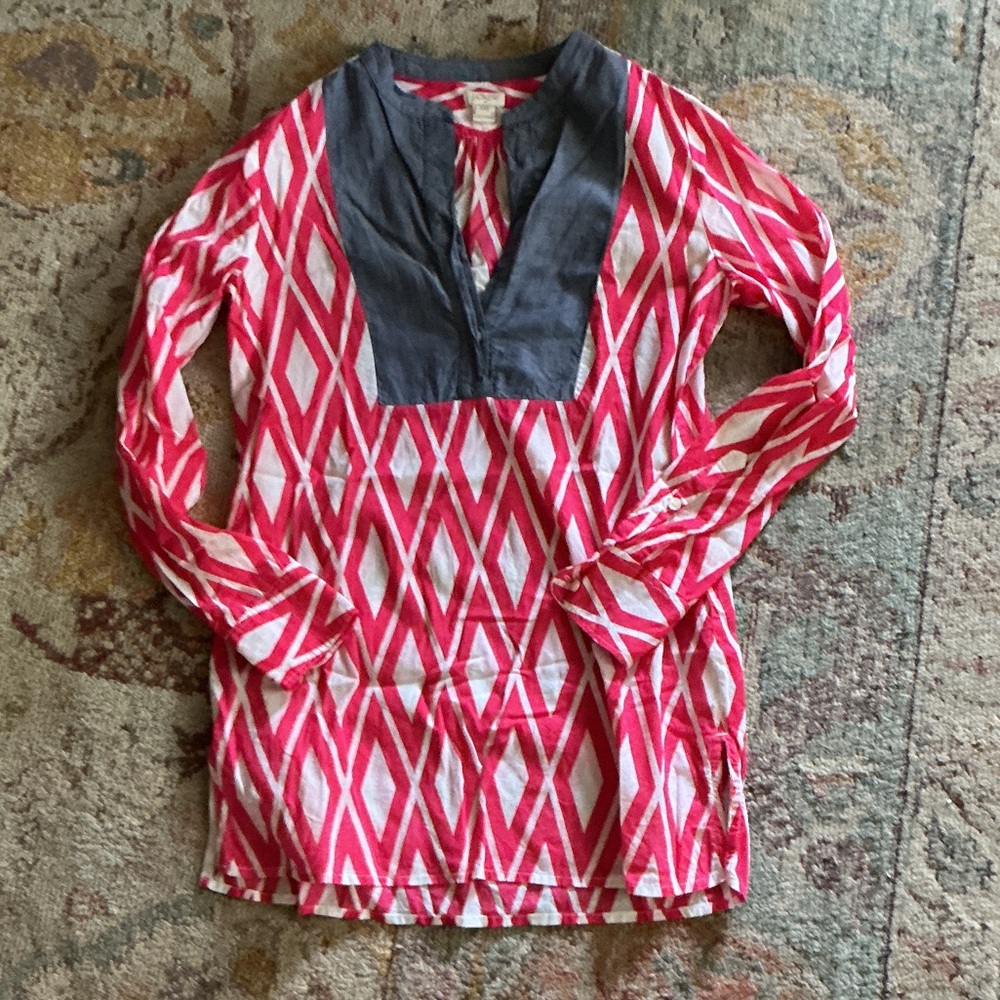 J. Crew Gray Tunic with Red and White Diamond Print Panel